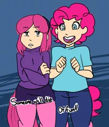 Size: 1030x1206 | Tagged: artist:/d/non, brother and sister, clothes, crossed arms, derpibooru import, headband, oc, oc:mumble, oc:pogo, offspring, pantyhose, parent:pinkie pie, parks and rec (show), safe, satyr, siblings, skirt, text, unofficial characters only