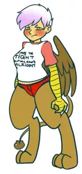 Size: 703x1484 | Tagged: angry, artist:/d/non, blushing, clothes, cocksocking, cocksock shirt, derpibooru import, implied incest, oc, oc:alex, panties, parent:gilda, satyr, solo, sphinx, suggestive, underwear, unofficial characters only