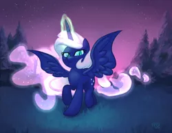 Size: 1200x928 | Tagged: safe, artist:1trick, derpibooru import, oc, oc:evening rise, unofficial characters only, alicorn, pony, alicorn oc, glowing horn, solo, spread wings