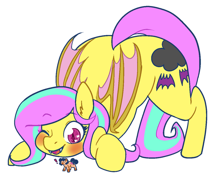 Size: 1213x1013 | Tagged: safe, artist:/d/non, derpibooru import, oc, oc:heartspring, oc:star shower, unofficial characters only, bat pony, earth pony, pony, giant bat, giant bat pony, giant pony, macro, micro, one eye closed, wingding eyes, wink