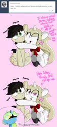 Size: 3000x6700 | Tagged: safe, artist:fullmetalpikmin, derpibooru import, oc, oc:bonfire, oc:cherry blossom, oc:keith, unofficial characters only, dragon, earth pony, pony, unicorn, tumblr:ask viewing pleasure, :i, absurd resolution, bow, congenital amputee, cute, frog (hoof), gay, glowing eyes, glowing eyes of doom, hair bow, hidden eyes, hug, male, oc x oc, pink background, prosthetic limb, prosthetics, shipping, simple background, squeak, squishy cheeks, underhoof