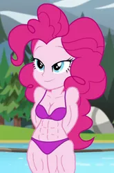 Size: 410x620 | Tagged: suggestive, derpibooru import, edit, edited edit, edited screencap, screencap, pinkie pie, equestria girls, legend of everfree, abs, breast edit, breasts, buff edit, clothes, female, muscles, pinkie pump, solo, underwear