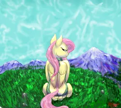Size: 2850x2550 | Tagged: anthro, anus, artist:harryclopper, backless, clothes, derpibooru import, female, fluttershy, grass, hooves, looking at you, looking back, mountain, nudity, open-back sweater, scenery, simplistic anus, sky, sleeveless sweater, smiling, solo, solo female, suggestive, sweater, sweatershy, virgin killer sweater, wings
