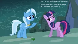 Size: 1920x1080 | Tagged: safe, derpibooru import, edit, edited screencap, screencap, trixie, twilight sparkle, pony, unicorn, magic duel, arrogant, female, mare, twibitch sparkle