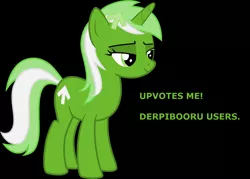 Size: 1434x1024 | Tagged: safe, derpibooru import, oc, oc:upvote, ponified, unofficial characters only, pony, unicorn, derpibooru, black background, derpibooru ponified, meta, simple background, solo, upvote bait