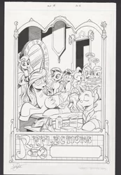 Size: 1106x1600 | Tagged: safe, artist:andypriceart, derpibooru import, idw, applejack, fluttershy, kibitz, pinkie pie, princess celestia, princess luna, rainbow dash, rarity, spike, twilight sparkle, twilight sparkle (alicorn), alicorn, dragon, earth pony, pegasus, pony, unicorn, reflections, spoiler:comic, spoiler:comic18, cake, dialogue, eyes closed, food, lip bite, looking at each other, magic mirror, mane six, open mouth, prone, shrunken pupils, smiling, traditional art