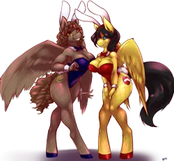 Size: 787x729 | Tagged: anthro, artist:bose, bowtie, breasts, bunny ears, bunny suit, bunny tail, clothes, cufflinks, cuffs (clothes), derpibooru import, female, leotard, oc, oc:flat spin, oc:steelshine, pegasus, pose, rule 63, shoes, simple background, smiling, suggestive, transparent background, unguligrade anthro, unofficial characters only, wings
