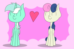 Size: 1254x836 | Tagged: safe, artist:supercoco142, derpibooru import, bon bon, lyra heartstrings, sweetie drops, abstract background, amused, animated, bon bon is amused, dancing, eyes closed, female, gif, heart, lesbian, lyrabon, shipping, smiling