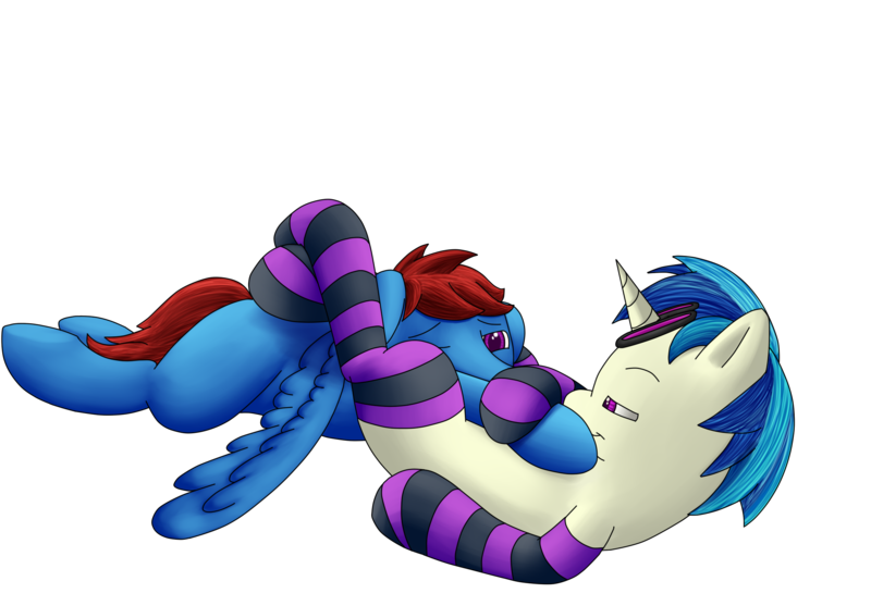 Size: 2200x1500 | Tagged: suggestive, artist:fauxstealth, derpibooru import, vinyl scratch, oc, pegasus, pony, unicorn, bedroom eyes, clothes, domination, female, femdom, floppy ears, headscissors, male, mare, sexy, simple background, socks, stallion, stockings, striped socks, submission hold, thigh highs, triangle choke, wrestling