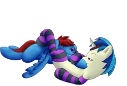 Size: 2200x1500 | Tagged: suggestive, artist:fauxstealth, derpibooru import, vinyl scratch, oc, pegasus, pony, unicorn, bedroom eyes, clothes, domination, female, femdom, floppy ears, headscissors, male, mare, sexy, simple background, socks, stallion, stockings, striped socks, submission hold, thigh highs, triangle choke, wrestling