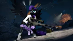 Size: 3840x2160 | Tagged: 3d, alicorn, alicorn oc, anthro, anthro oc, clothes, derpibooru import, explosion, female, gun, helicopter, horn, mare, oc, oc:nyx, older, optical sight, plantigrade anthro, rifle, safe, serious, serious face, slit eyes, sniper, sniper rifle, solo, source filmmaker, spread wings, unofficial characters only, weapon, wings