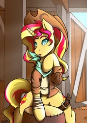 Size: 1770x2500 | Tagged: safe, artist:ciderpunk, derpibooru import, sunset shimmer, pony, unicorn, :o, bandage, bandana, barn, belt, both cutie marks, clothes, colored pupils, cowboy hat, hat, open mouth, raised hoof, signature, sitting, solo, western