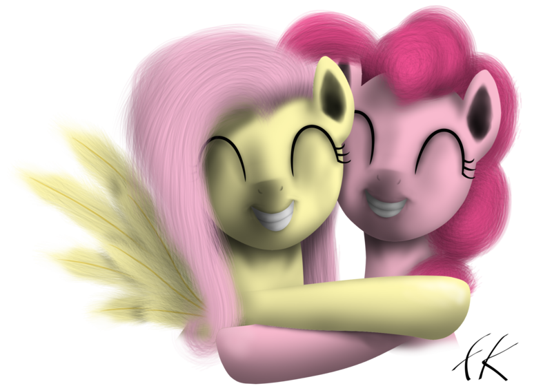 Size: 2000x1400 | Tagged: artist:facelesssoles, derpibooru import, eyes closed, fluttershy, hug, pinkie pie, safe, simple background, smiling, transparent background