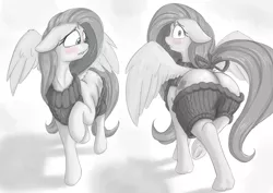 Size: 3508x2480 | Tagged: suggestive, artist:alcor, derpibooru import, fluttershy, pony, adorasexy, backless, blushing, clothes, cute, female, floppy ears, flutterbutt, grayscale, monochrome, neo noir, open-back sweater, partial color, plot, sexy, shy, shyabetes, sleeveless sweater, solo, solo female, sweater, sweatershy, underhoof, virgin killer sweater