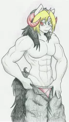 Size: 3353x5919 | Tagged: abs, absurd resolution, anthro, anthro oc, artist:flicker-show, clothes, derpibooru import, heterochromia, horn, incubus, male, muscles, oc, oc:zoa, pants, partial nudity, solo, solo male, stallion, suggestive, topless, traditional art, underwear, undressing, unofficial characters only