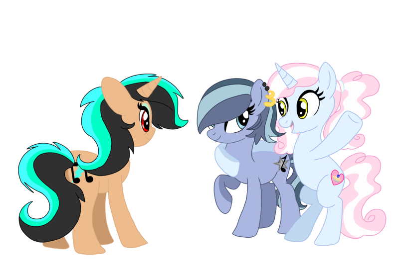 Size: 2900x1999 | Tagged: safe, artist:smileverse, derpibooru import, oc, oc:blueberry pie, oc:pop music, oc:rock star, unofficial characters only, earth pony, pony, unicorn, base used, ear piercing, earring, jewelry, looking at each other, magical lesbian spawn, offspring, parent:octavia melody, parent:pinkie pie, parent:pokey pierce, parent:vinyl scratch, parents:mauxie, parents:pokeypie, parents:scratchtavia, piercing