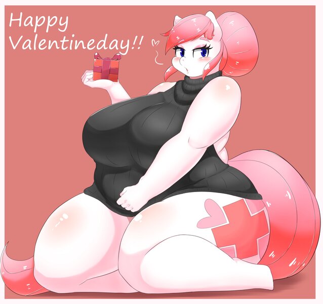 Size: 3827x3601 | Tagged: anthro, artist:braffy, backless, bbw, big breasts, bottomless, breasts, busty nurse redheart, clothes, derpibooru import, fat, female, huge breasts, impossibly wide hips, nurse redheart, nurse roundheart, obese, open-back sweater, partial nudity, questionable, red background, simple background, sleeveless sweater, solo, solo female, sweater, thunder thighs, unguligrade anthro, valentine's day, virgin killer sweater, wide hips