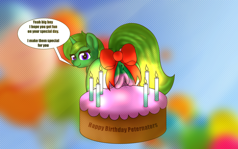 Size: 1600x1000 | Tagged: explicit, artist:limedreaming, derpibooru import, oc, oc:lime dream, unofficial characters only, pony, unicorn, anus, balloon, bow, cake, candle, dialogue, female, food, frosting, happy, happy birthday, nudity, ribbon, solo, solo female, speech bubble, tail, tail bow, vagina, vaginal secretions