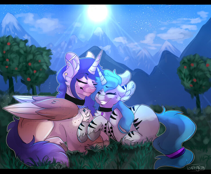 Size: 2000x1650 | Tagged: safe, artist:zaphyray, derpibooru import, oc, unofficial characters only, alicorn, pony, unicorn, chest fluff, male, mountain, prone, stallion, sun, tree