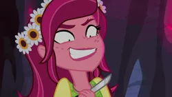 Size: 960x540 | Tagged: semi-grimdark, derpibooru import, edit, edited screencap, screencap, gloriosa daisy, equestria girls, legend of everfree, exploitable meme, faic, flowey, friendship is bullshit, i don't need friends i've got knives, i got this, implied murder, in this world it's kill or be killed, kill or be killed, knife, meme, slasher smile, solo, this will end in death, undertale, yandere