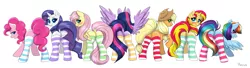 Size: 3683x1000 | Tagged: suggestive, artist:confetticakez, derpibooru import, applejack, fluttershy, pinkie pie, rainbow dash, rarity, sunset shimmer, twilight sparkle, twilight sparkle (alicorn), pony, adorasexy, alternate mane seven, applebutt, balloonbutt, blushing, bunset shimmer, clothes, cowboy hat, cute, dock, flutterbutt, from behind, hat, line-up, looking back, mane six, mane six plots, plot, plotline, rainbutt dash, rearity, sexy, simple background, socks, stetson, striped socks, twibutt, white background