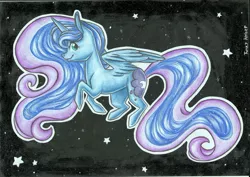 Size: 1024x727 | Tagged: safe, artist:twixyamber, derpibooru import, princess luna, alicorn, pony, flying, night, smiling, solo, stars, traditional art