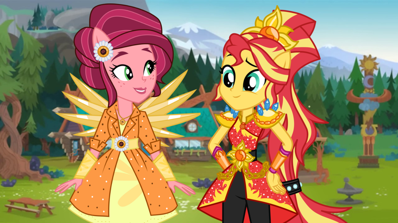 Size: 1280x720 | Tagged: safe, artist:limedazzle, artist:mixiepie, artist:themexicanpunisher, derpibooru import, gloriosa daisy, sunset shimmer, equestria girls, legend of everfree, camp everfree, clothes, crystal wings, pants, ponied up, show accurate, super ponied up