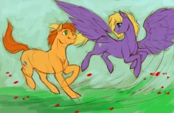 Size: 1280x827 | Tagged: safe, artist:larest, derpibooru import, oc, oc:airily gale, oc:wit ray, unofficial characters only, earth pony, pegasus, pony, flying, running, sketch, smiling
