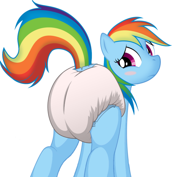 Size: 1015x1044 | Tagged: artist:fluffyxai, blushing, blush sticker, derpibooru import, diaper, diaper edit, diaper fetish, edit, editor:hodgepodgedl, fetish, looking back, poofy diaper, questionable, questionable source, rainbow dash, raised tail, simple background, solo, tail, transparent background, wingless