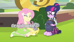 Size: 600x338 | Tagged: safe, derpibooru import, edit, edited screencap, screencap, angel bunny, fluttershy, sci-twi, twilight sparkle, butterfly, cat, equestria girls, friendship games, ^:), animal, animated, backpack, blooper, boots, canterlot high, clothes, friendship games bloopers, gif, high heel boots, metaphor, metaphor gif, reaction image, skirt, socks