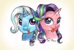 Size: 1024x693 | Tagged: safe, artist:moonlight-ki, derpibooru import, starlight glimmer, trixie, pony, unicorn, alternate hairstyle, bow, hair bow, ponytail, raspberry, tongue out, traditional art