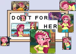 Size: 1400x1000 | Tagged: safe, derpibooru import, edit, edited screencap, screencap, applejack, gloriosa daisy, rainbow dash, sunset shimmer, equestria girls, legend of everfree, collage, do it for her, exploitable meme, eyes closed, female, geode of fauna, geode of shielding, geode of sugar bombs, geode of super speed, geode of super strength, magical geodes, meme, text
