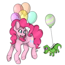 Size: 894x894 | Tagged: artist:fizzy2014, artist:soundwavepie, balloon, derpibooru import, floating, gummy, pinkie pie, safe, simple background, then watch her balloons lift her up to the sky, transparent background