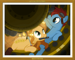 Size: 1280x1024 | Tagged: safe, artist:misteraibo, derpibooru import, oc, oc:copper lightning, oc:rose aether, unofficial characters only, earth pony, original species, pony, scented pony, animated, candle, female, fire, gif, goggles, male, mare, memory lane pictures, mouth hold, oc x oc, shipping, stallion, straight, wrench