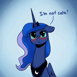 Size: 1200x1200 | Tagged: safe, artist:anticular, derpibooru import, princess luna, alicorn, pony, ask sunshine and moonbeams, :t, animated, blatant lies, blushing, cute, eye shimmer, female, gif, i'm not cute, lies, lunabetes, madorable, mare, scrunchy face, solo, tsundere, tsunderuna