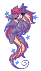 Size: 2400x4200 | Tagged: safe, artist:starlightlore, derpibooru import, oc, oc:bright bolide, unofficial characters only, bat pony, pony, absurd resolution, cute little fangs, fangs, long tail, one eye closed, simple background, solo, stars, transparent background, wink