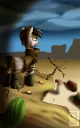 Size: 1700x2700 | Tagged: safe, artist:elmutanto, derpibooru import, oc, unofficial characters only, pony, zebra, fallout equestria, barn, black mane, boots, boots on hooves, buck, cactus, clothes, cloud, cloudy, desert, duster, fallout, farm, glyph, glyphmark, hoofprints, male, post-apocalyptic, propeller, sniper, socks, stallion, stripes, wasteland, wind turb