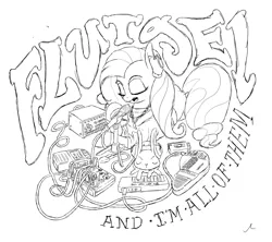 Size: 2700x2400 | Tagged: safe, artist:docwario, derpibooru import, angel bunny, fluttershy, pony, audio equipment, cable, cables, cassette player, clothes, drum machine, duo, eyes closed, grayscale, headphones, jewelry, making music, microphone, microphone stand, monochrome, musical instrument, necklace, prone, recording, suzuki omnichord, sweater, sweatershy, synthesizer, title
