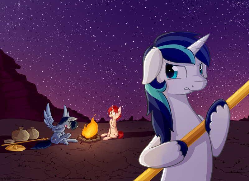 Size: 2957x2152 | Tagged: safe, artist:dsp2003, artist:lalieri, derpibooru import, shining armor, oc, oc:cherry popper, oc:stormy skies, pegasus, pony, unicorn, 4chan, collaboration, female, illustration, male, parody, starry sky, stars, tremors