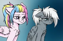 Size: 684x452 | Tagged: safe, artist:moonabelle, derpibooru import, oc, oc:firework, oc:silvery snowcloud, unofficial characters only, pegasus, pony, chest fluff, ear fluff, female, floppy ears, fluffy, gradient background, magical lesbian spawn, mare, offspring, parent:double diamond, parent:firefly, parent:night glider, parent:surprise, parents:fireprise, parents:nightdiamond, sad, shoulder fluff, wing fluff