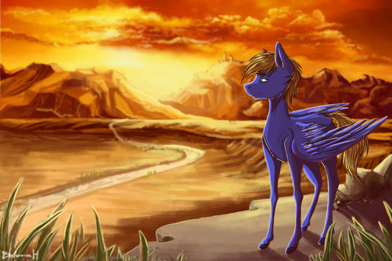 Size: 3000x2000 | Tagged: safe, artist:belorahels, derpibooru import, oc, oc:cloud quake, unofficial characters only, pegasus, pony, commission, desert, digital art, folded wings, looking away, male, mountain, scenery, signature, solo, stallion, sunset, ych result