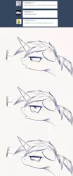 Size: 1280x3082 | Tagged: safe, artist:ncmares, derpibooru import, shining armor, pony, unicorn, ask majesty incarnate, ask, comic, floppy ears, male, monochrome, reversalmushroom, simple background, solo, stallion, tumblr, unamused, wat, white background