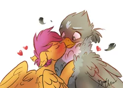 Size: 1024x739 | Tagged: safe, artist:shellielle, derpibooru import, gabby, scootaloo, gryphon, pony, blushing, blushing profusely, eyes closed, female, fluffy, gabbyloo, heart, height difference, kissing, lesbian, looking at each other, looking down, older, older scootaloo, shipping, size difference, sweat