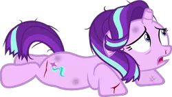 Size: 6000x3417 | Tagged: semi-grimdark, derpibooru import, edit, starlight glimmer, pony, unicorn, absurd resolution, abuse, abuse edit, bleeding, blood, broken horn, bruised, edgy, female, floppy ears, glimmerbuse, mare, messy mane, open mouth, prone, scared, simple background, solo, transparent background, vector