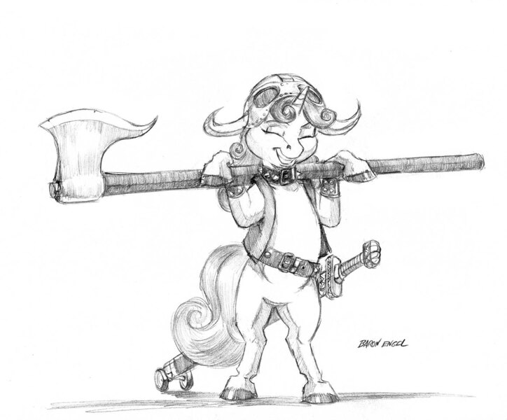 Size: 1400x1160 | Tagged: safe, artist:baron engel, derpibooru import, sweetie belle, pony, axe, belt, bipedal, bracer, clothes, collar, happy, helmet, monochrome, pencil drawing, smiling, solo, sword, traditional art, training wheels, vest, weapon