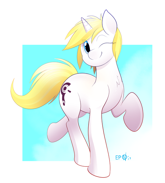 Size: 3405x3771 | Tagged: safe, artist:b-epon, derpibooru import, oc, oc:snow mark, unofficial characters only, pony, unicorn, cute, one eye closed, solo, wink