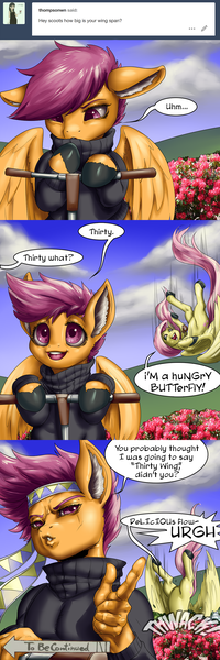 Size: 1000x3000 | Tagged: 30 speed, anthro, artist:aphexangel, ask, ask stalkerloo, clothes, comic, derpibooru import, dialogue, ear fluff, floppy ears, flower, flutterhigh, fluttershy, funny background event, high, jojo's bizarre adventure, joseph joestar, parody, safe, scootaloo, scooter, speech bubble, stalkerloo, suddenly hands, to be continued, tumblr, unshorn fetlocks, xanaxshy