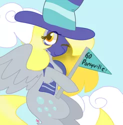 Size: 1024x1041 | Tagged: safe, artist:cubbybatdoodles, derpibooru import, derpy hooves, pony, buckball season, clothes, cloud, face paint, flag, hat, one eye closed, scarf, solo, spread wings, wink