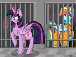 Size: 1024x776 | Tagged: safe, artist:teaandsheep, derpibooru import, rainbow dash, twilight sparkle, twilight sparkle (alicorn), alicorn, pony, bars, bound wings, cell, chains, clothes, commission, cuffs, jail, key, levitation, magic, prison, prison outfit, prisoner, prisoner rd, rainbow dash is not amused, shackles, telekinesis, twilight is not amused, unamused