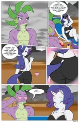 Size: 792x1224 | Tagged: suggestive, artist:dekomaru, derpibooru import, edit, rarity, spike, anthro, dragon, comic:one scale of a night, ass, bare chest, bikini, breasts, butt, clothes, comic, explicit source, gem, male, older, older spike, shipping, shorts, sparity, straight, swimsuit, text, text edit